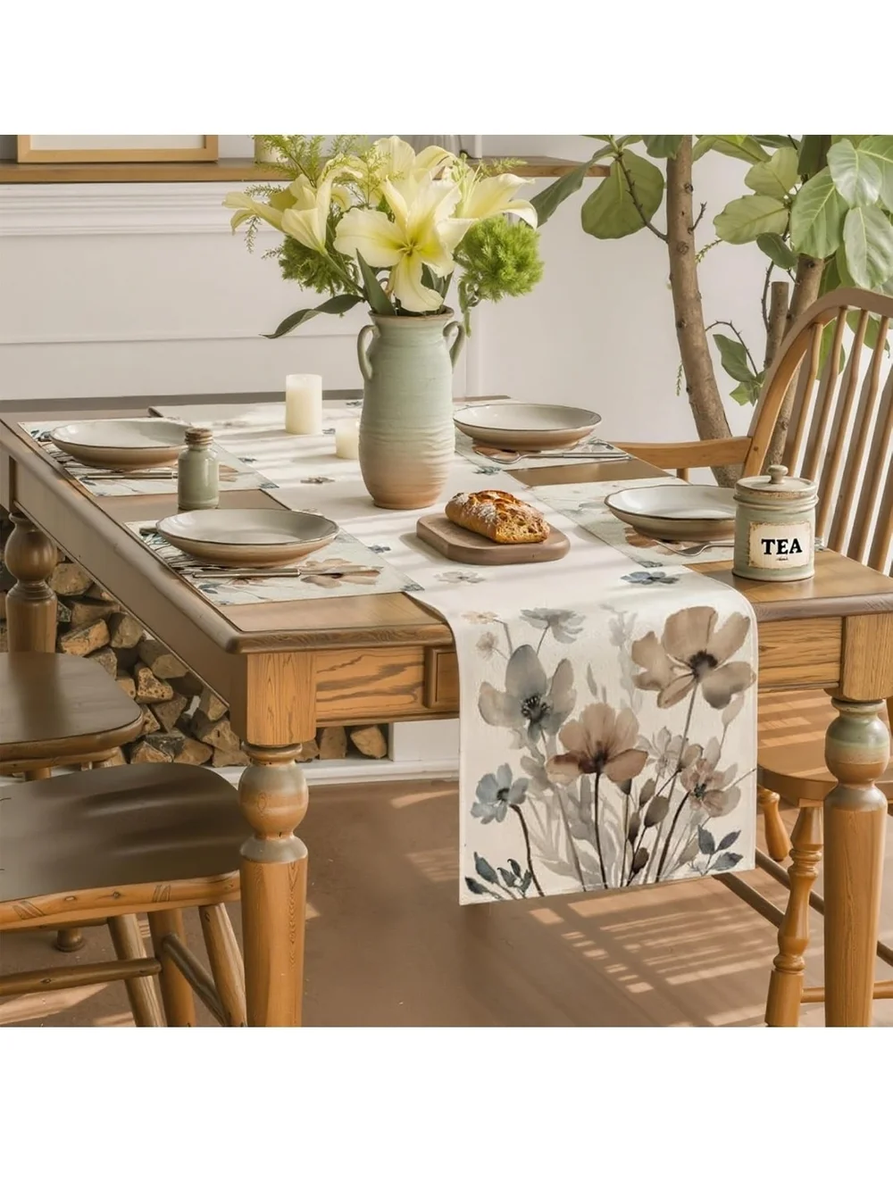 Floral Linen Table Runner Set - Beige & Blue